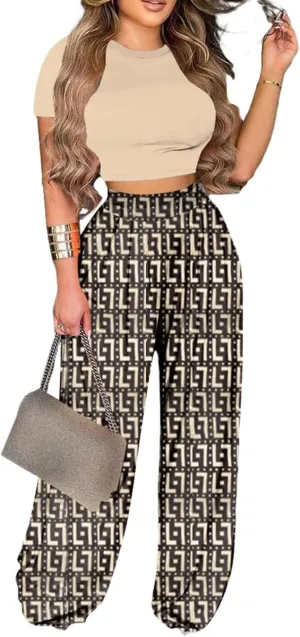 2 Piece Outfits for Women Short Sleeve Crop Top High Waist Wide Leg Long Pant Sets Tracksuit Sport Set