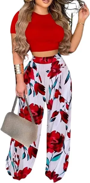 2 Piece Outfits for Women Short Sleeve Crop Top High Waist Wide Leg Long Pant Sets Tracksuit Sport Set