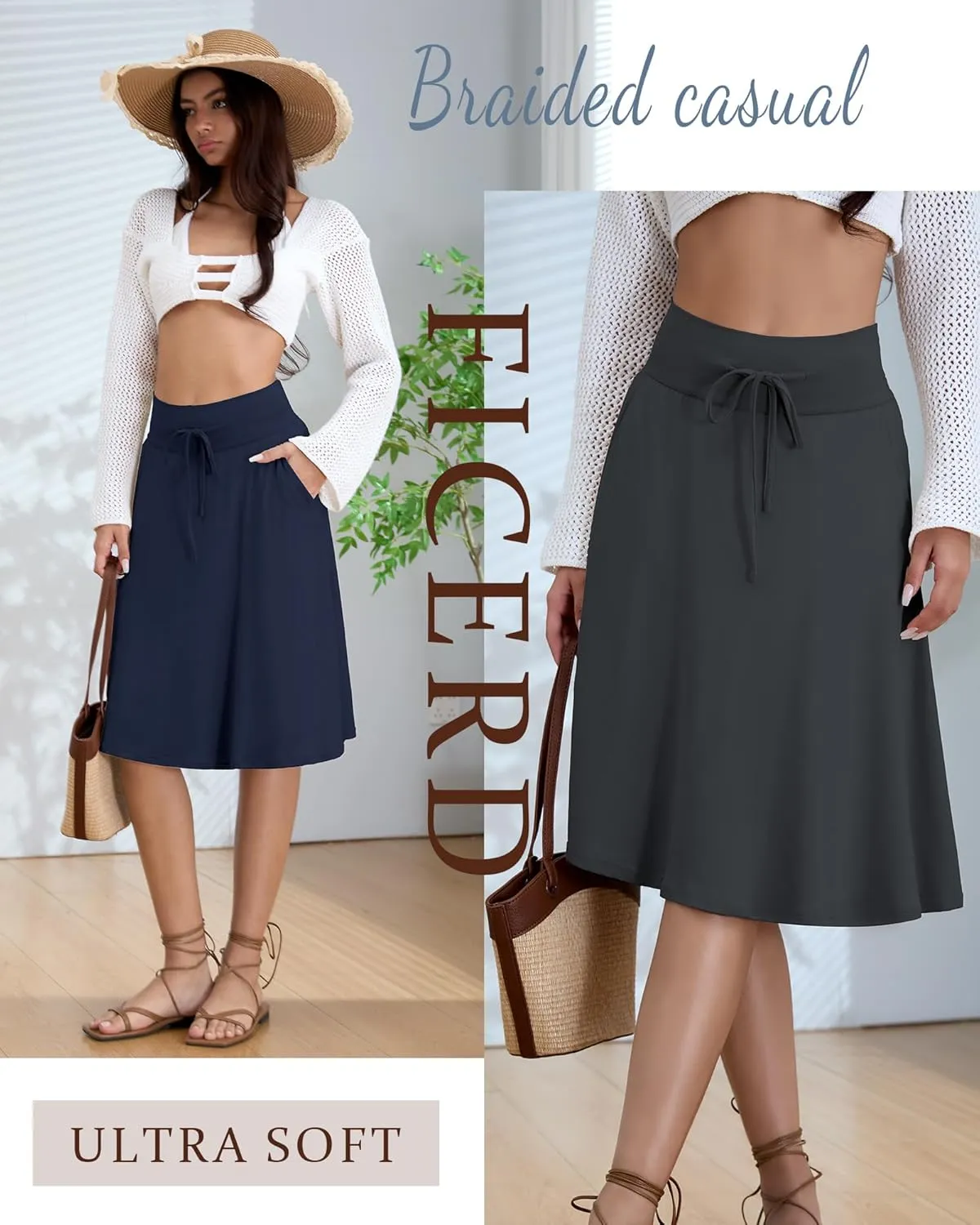3 Pack Plus Size Skirts for Women Knee Length Flared Midi Stretchy Drawstring Summer Skirts 1X-5X