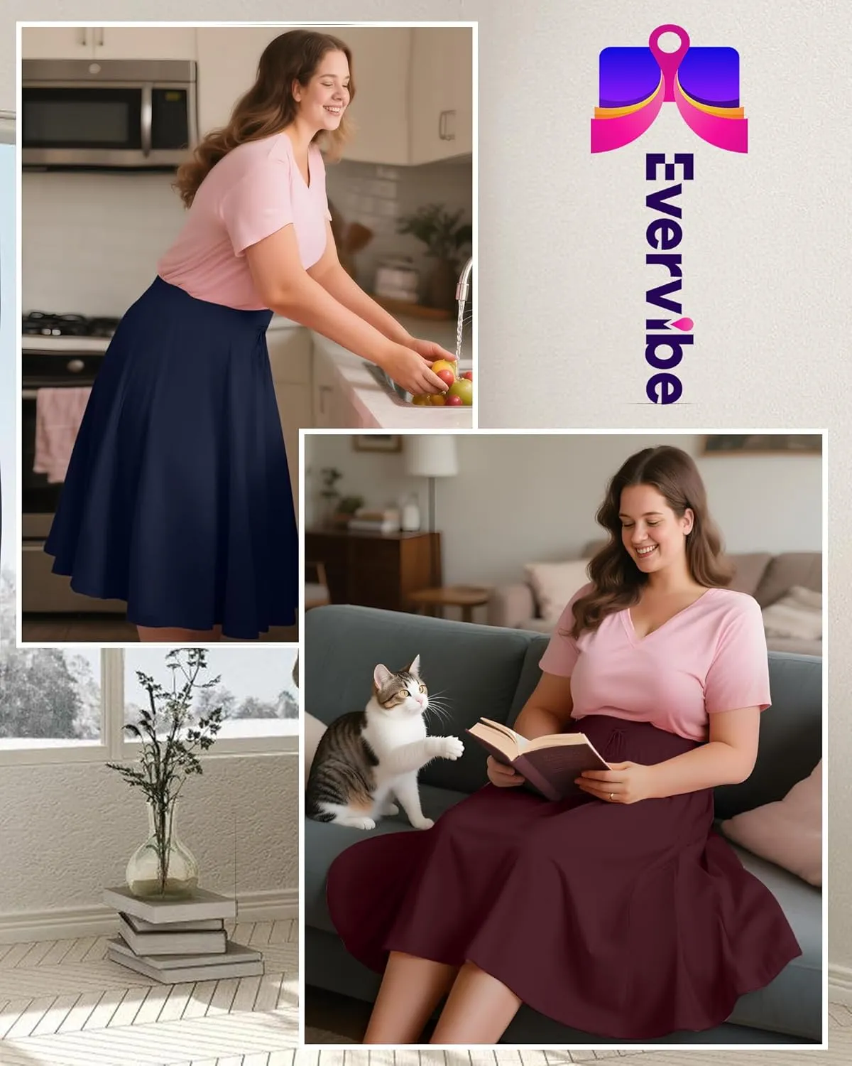 3 Pack Plus Size Skirts for Women Knee Length Flared Midi Stretchy Drawstring Summer Skirts 1X-5X