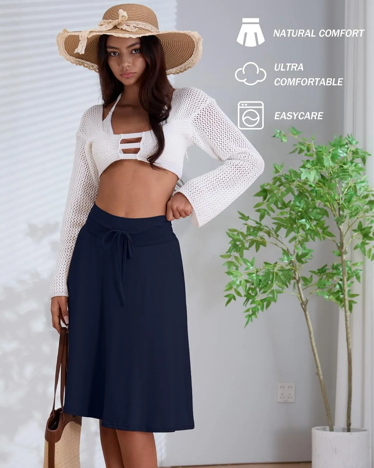 3 Pack Plus Size Skirts for Women Knee Length Flared Midi Stretchy Drawstring Summer Skirts 1X-5X
