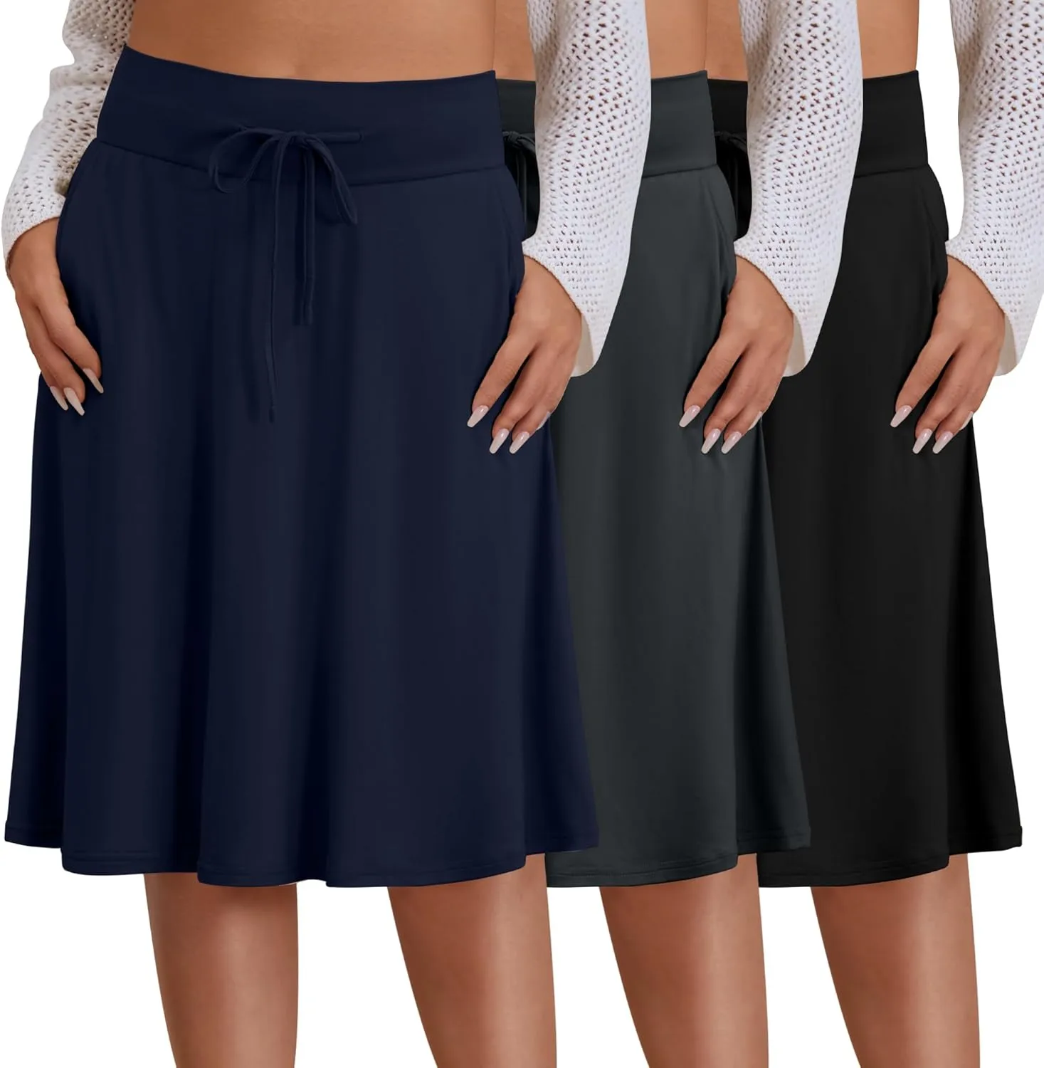 3 Pack Plus Size Skirts for Women Knee Length Flared Midi Stretchy Drawstring Summer Skirts 1X-5X