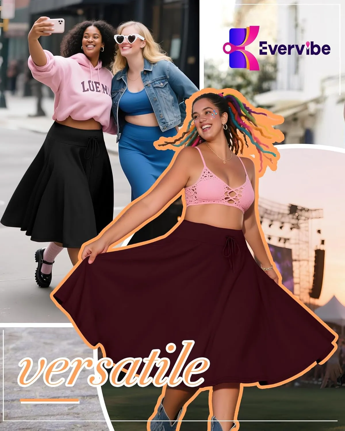 3 Pack Plus Size Skirts for Women Knee Length Flared Midi Stretchy Drawstring Summer Skirts 1X-5X
