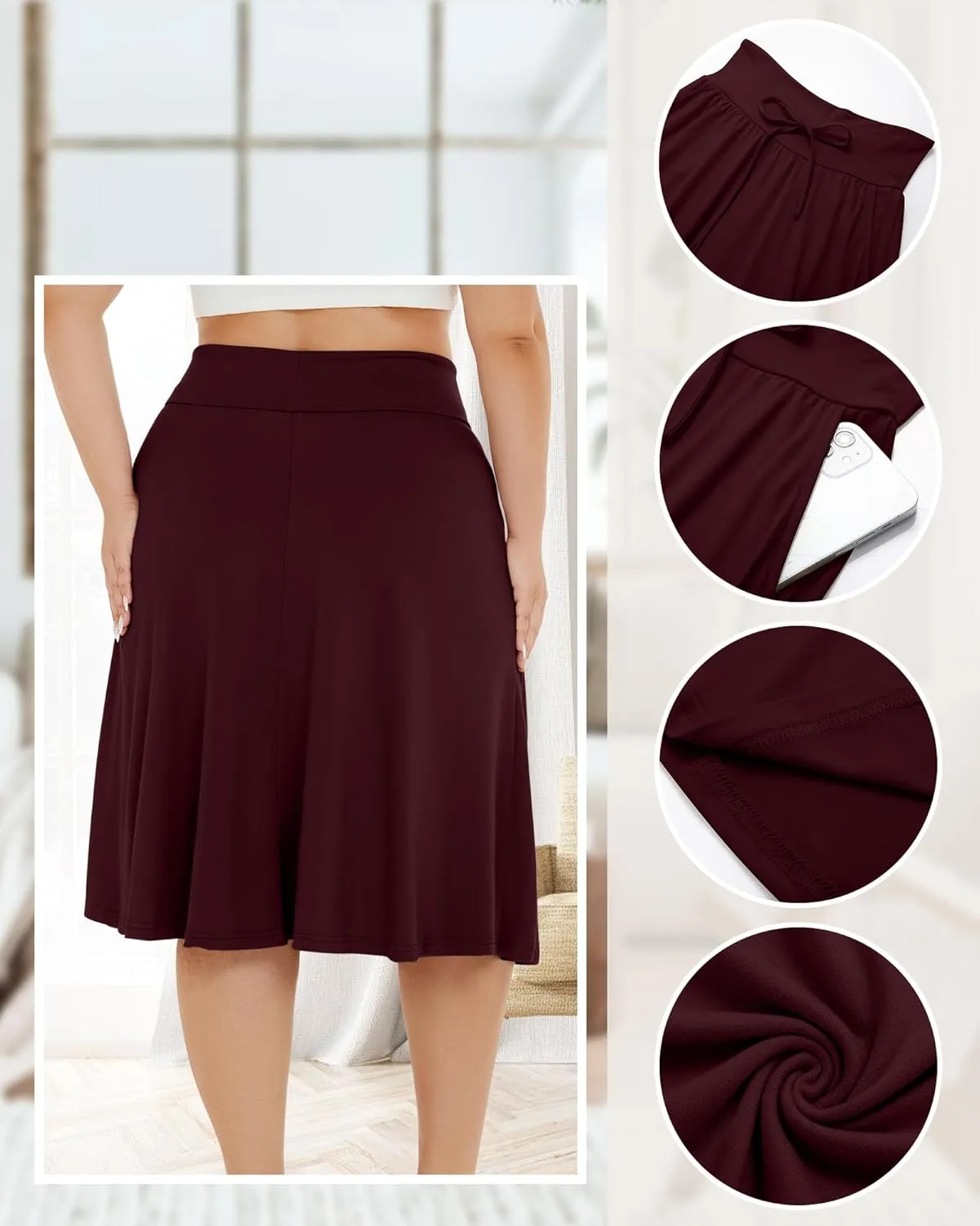 3 Pack Plus Size Skirts for Women Knee Length Flared Midi Stretchy Drawstring Summer Skirts 1X-5X