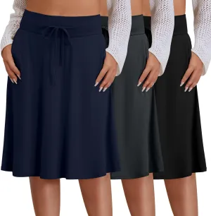3 Pack Plus Size Skirts for Women Knee Length Flared Midi Stretchy Drawstring Summer Skirts 1X-5X