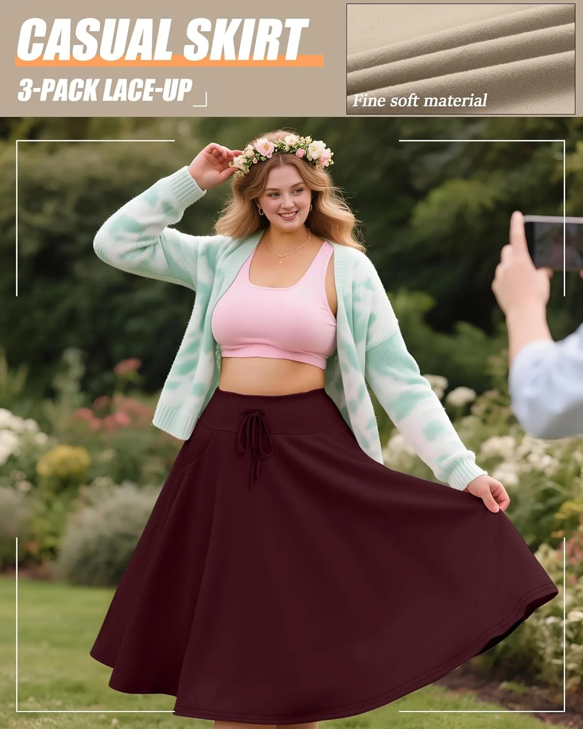 3 Pack Plus Size Skirts for Women Knee Length Flared Midi Stretchy Drawstring Summer Skirts 1X-5X
