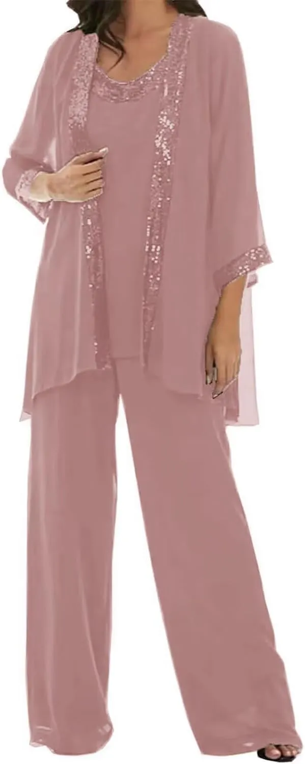 3 Pcs Mother of The Bride Dresses Pantsuit for Wedding 3/4 Sleeves Formal Pants Outfit with Jacket