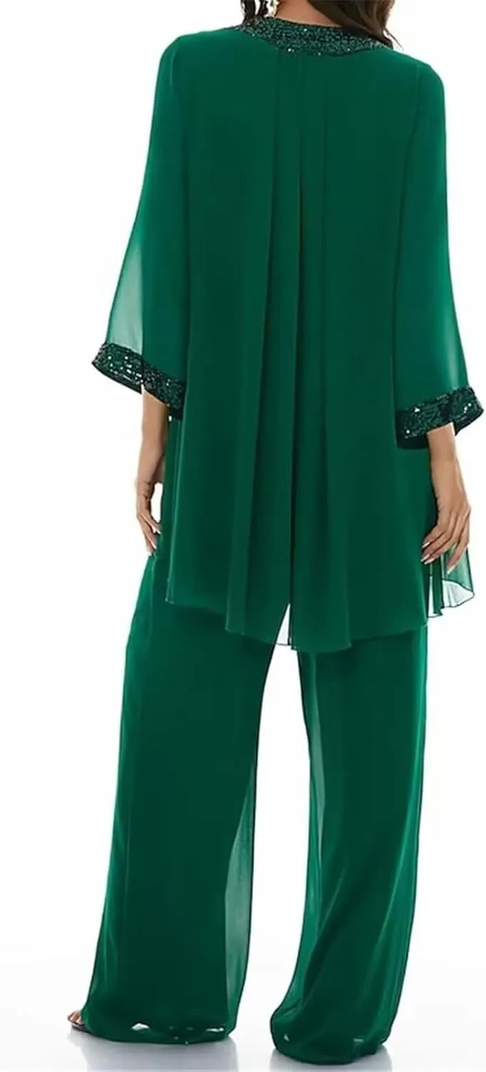 3 Pcs Mother of The Bride Dresses Pantsuit for Wedding 3/4 Sleeves Formal Pants Outfit with Jacket