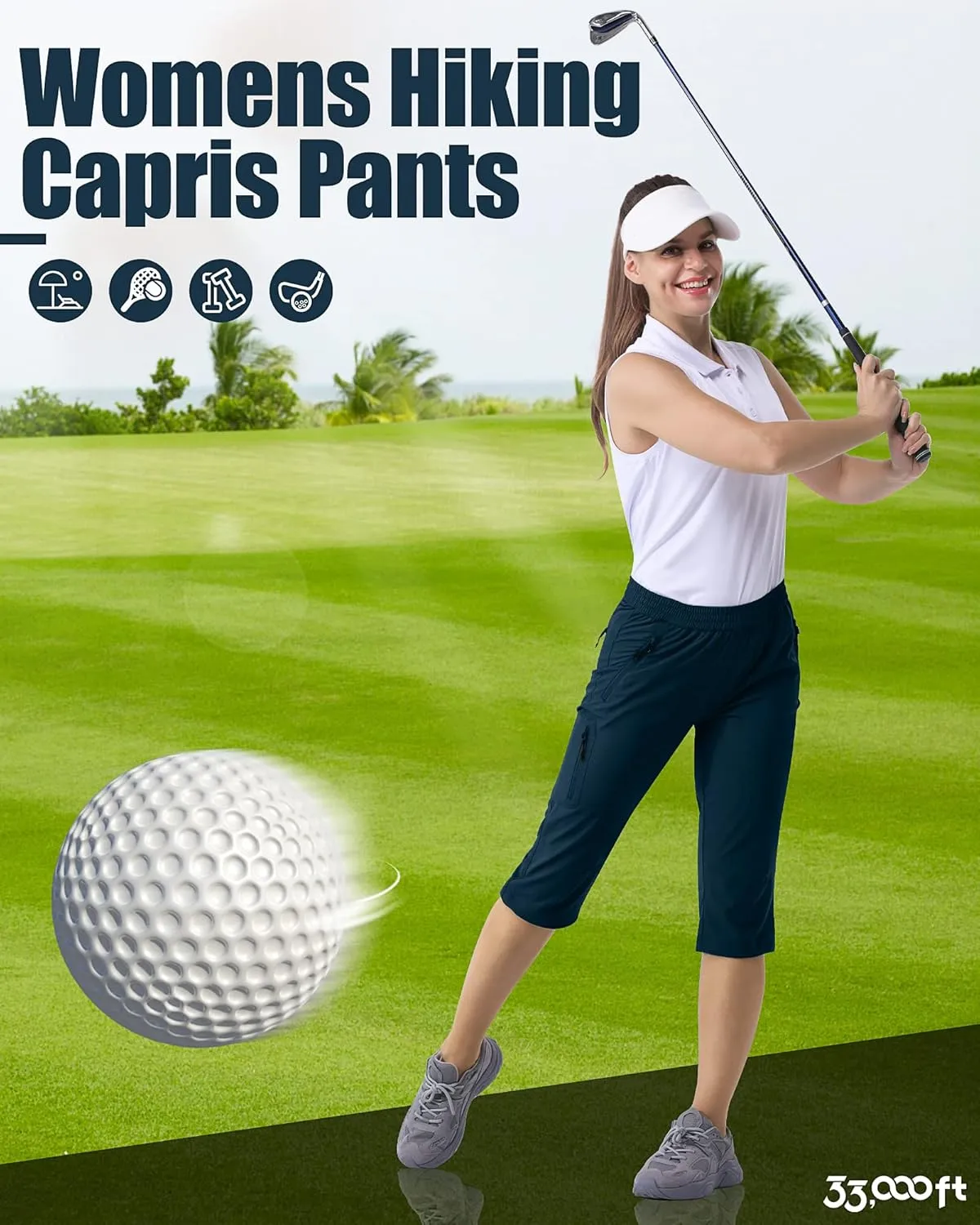 33,000ft Women's Capri Golf Pants Casual Quick Dry UPF 50  Lightweight Stretch Cargo Hiking Pants with Pockets
