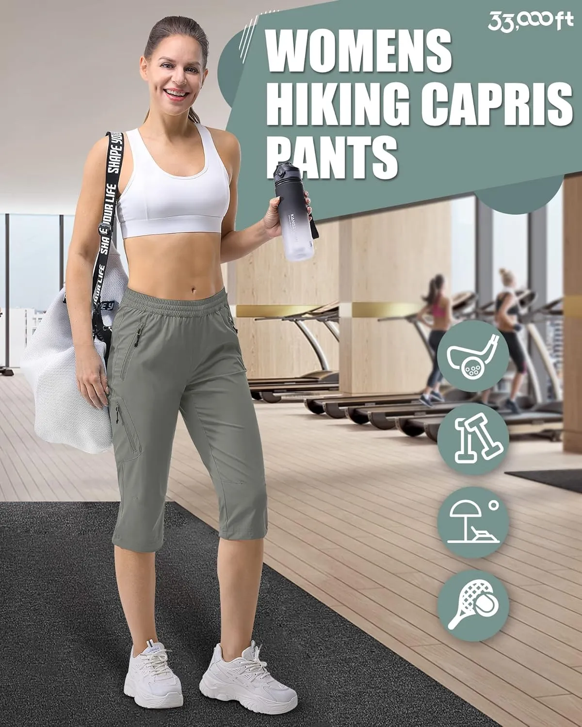 33,000ft Women's Capri Golf Pants Casual Quick Dry UPF 50  Lightweight Stretch Cargo Hiking Pants with Pockets