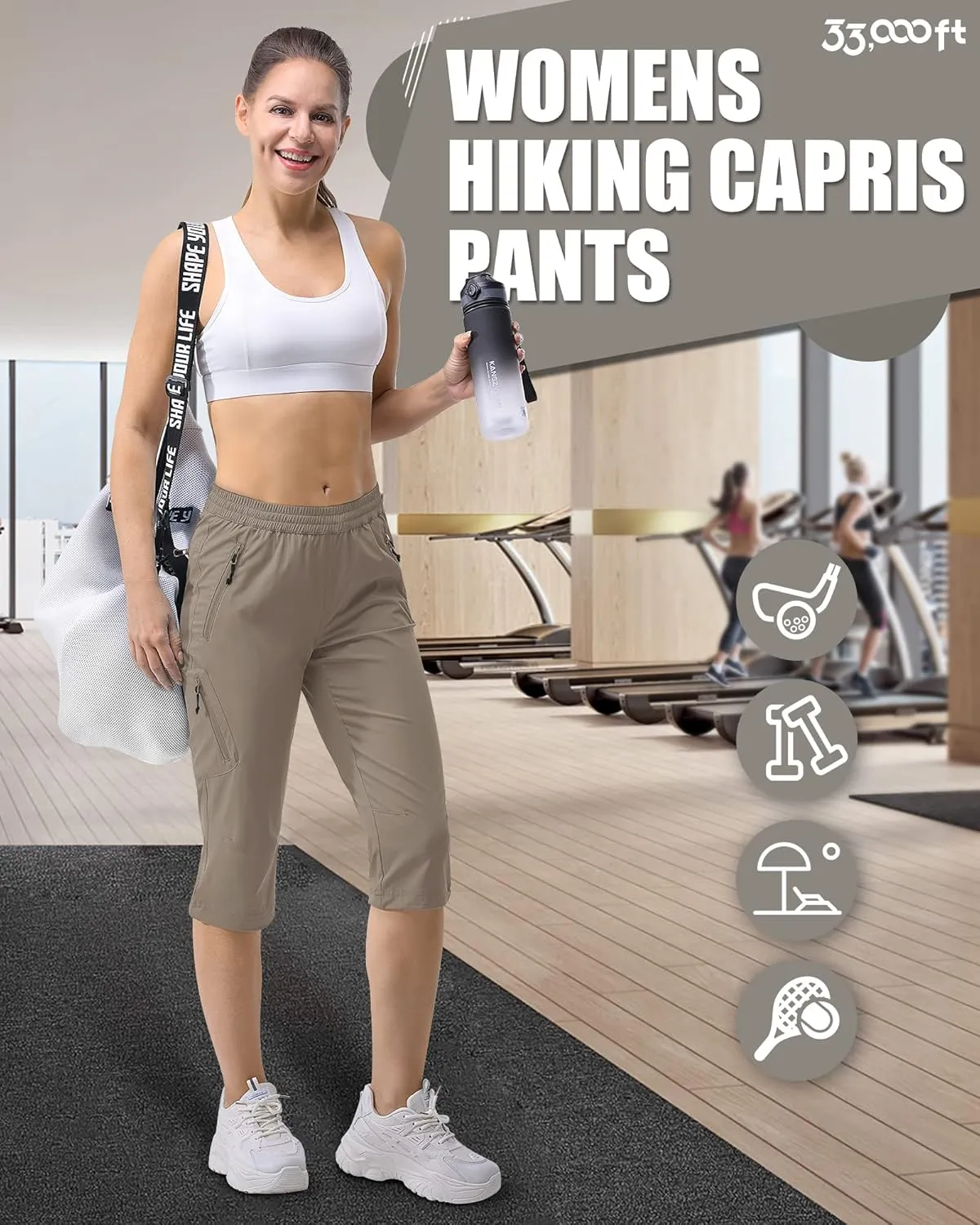 33,000ft Women's Capri Golf Pants Casual Quick Dry UPF 50  Lightweight Stretch Cargo Hiking Pants with Pockets