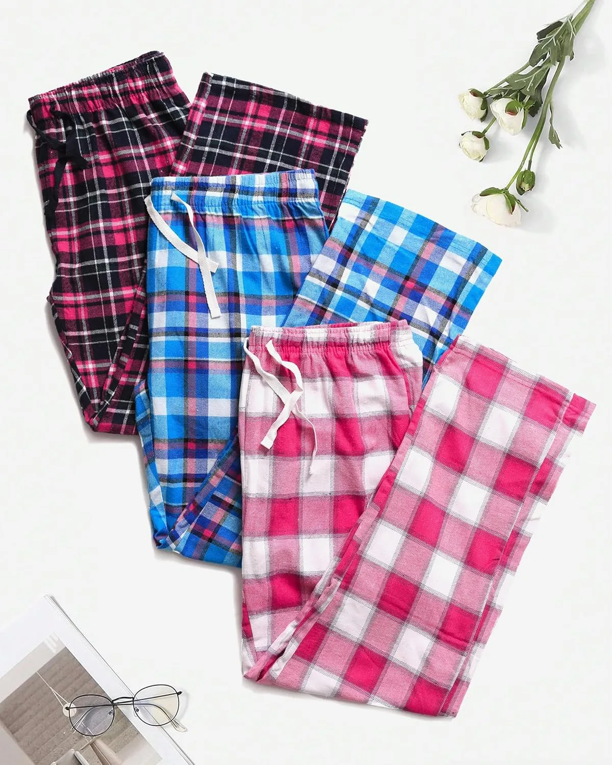 Active Club 3 Pack Cotton-Blend Flannel Pajama Pants for Women, Flannel Plaid PJ Pants for Women for Sleep and Lounge (S-2X)
