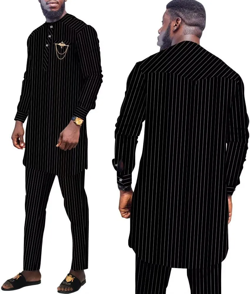 African Suit for Men Traditional Stripe Blazer and Pants 2 Piece Set Business Formal Dress Suit Party Wedding Evening