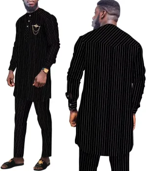 African Suit for Men Traditional Stripe Blazer and Pants 2 Piece Set Business Formal Dress Suit Party Wedding Evening
