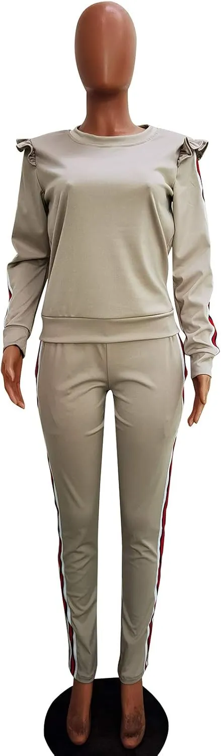 Akmipoem Women's 2 Piece Outfits Ruffle Sleeve Sweatshirt and Pants Sweatsuits Set Tracksuits