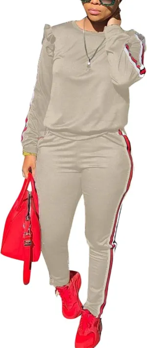 Akmipoem Women's 2 Piece Outfits Ruffle Sleeve Sweatshirt and Pants Sweatsuits Set Tracksuits