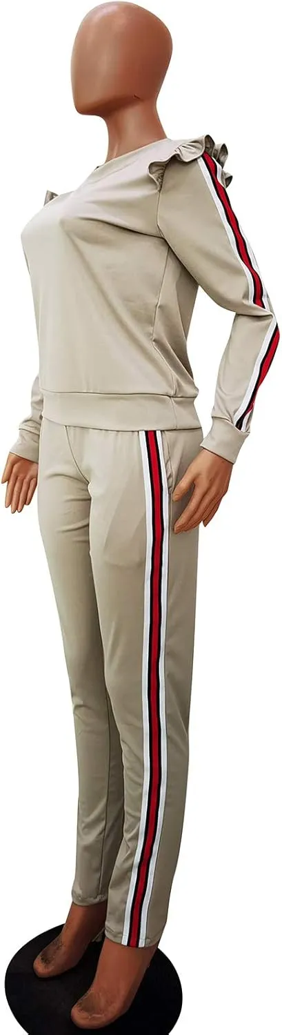 Akmipoem Women's 2 Piece Outfits Ruffle Sleeve Sweatshirt and Pants Sweatsuits Set Tracksuits