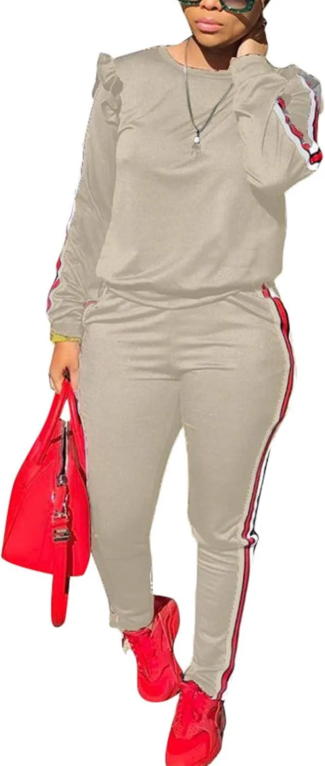 Akmipoem Women's 2 Piece Outfits Ruffle Sleeve Sweatshirt and Pants Sweatsuits Set Tracksuits