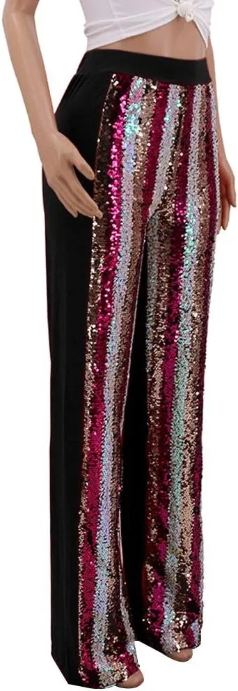 ALLUMK Women's Stretchy High Waisted Wide Leg Button-Down Pants with Sequins