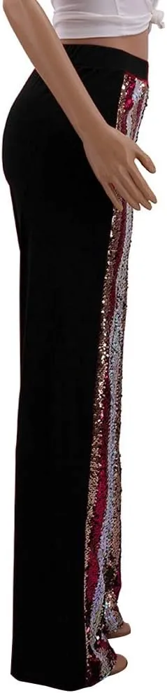ALLUMK Women's Stretchy High Waisted Wide Leg Button-Down Pants with Sequins