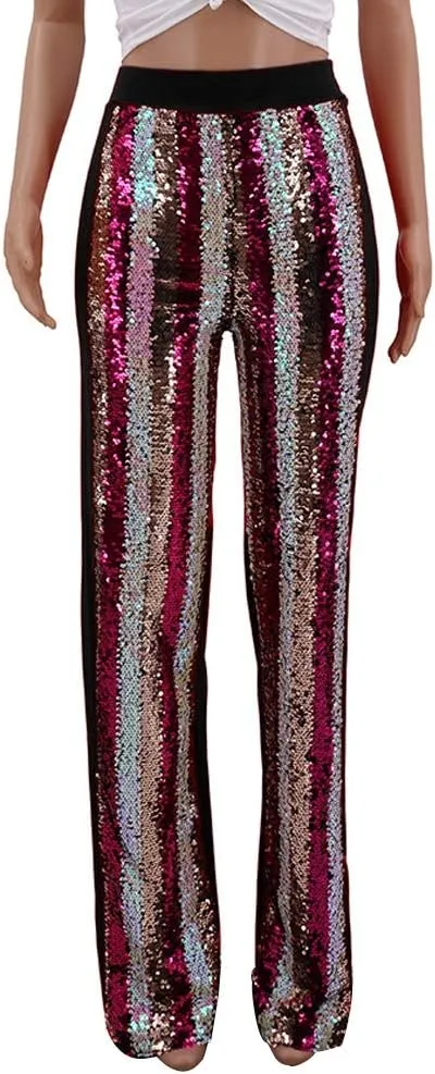ALLUMK Women's Stretchy High Waisted Wide Leg Button-Down Pants with Sequins
