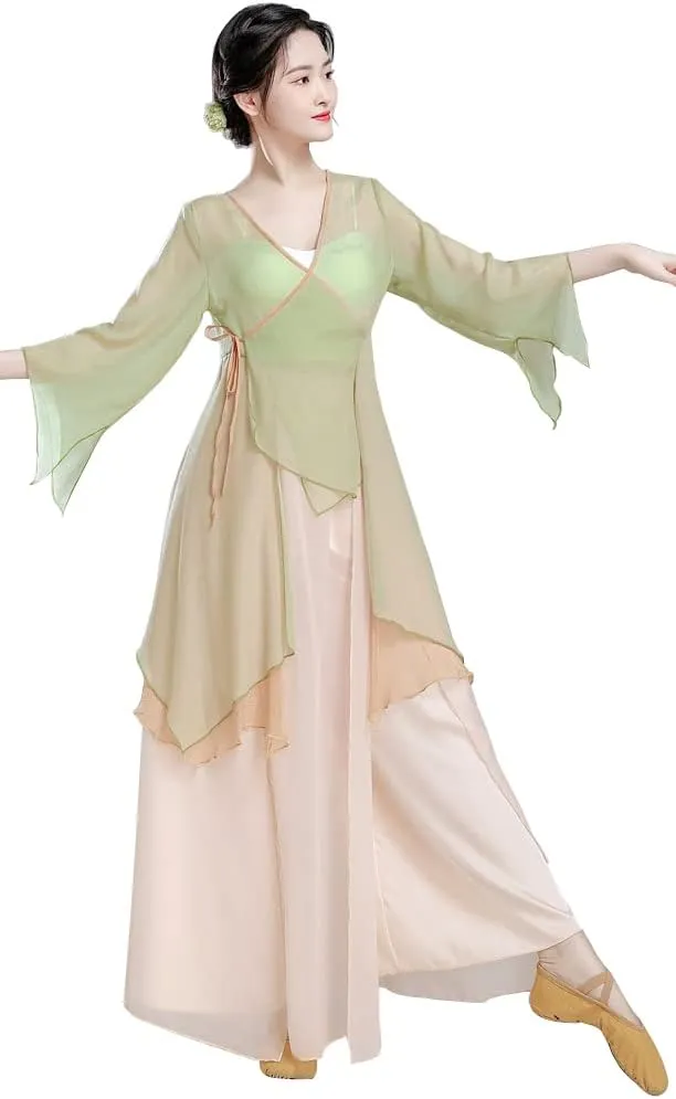 Angcoco Women's Long Sleeve Slit Ruffled Hem Chiffon Shirt Self-tie Cardigan Top