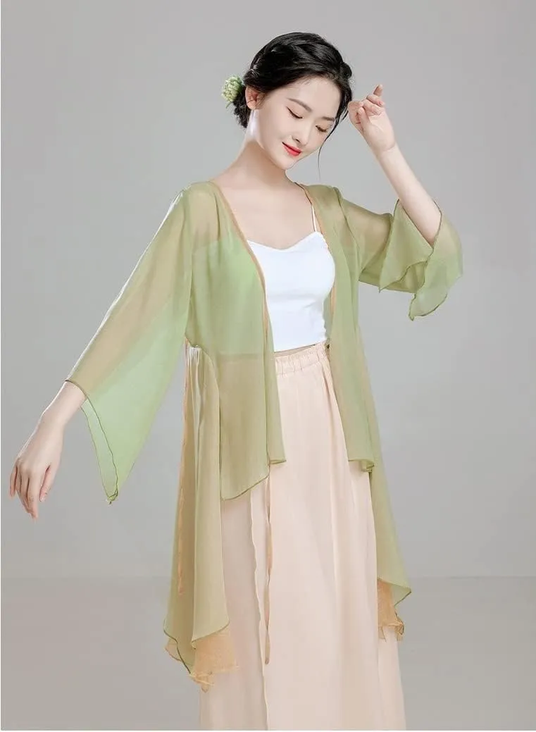 Angcoco Women's Long Sleeve Slit Ruffled Hem Chiffon Shirt Self-tie Cardigan Top