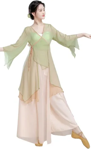 Angcoco Women's Long Sleeve Slit Ruffled Hem Chiffon Shirt Self-tie Cardigan Top