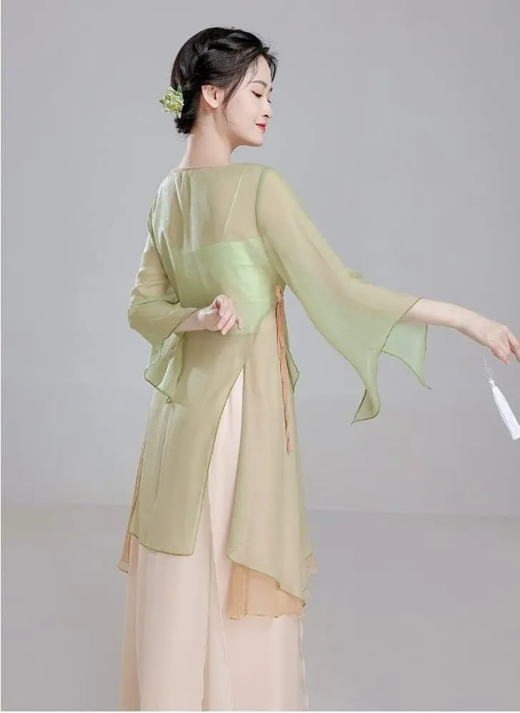 Angcoco Women's Long Sleeve Slit Ruffled Hem Chiffon Shirt Self-tie Cardigan Top