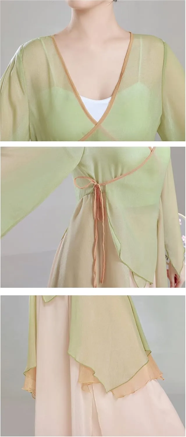 Angcoco Women's Long Sleeve Slit Ruffled Hem Chiffon Shirt Self-tie Cardigan Top