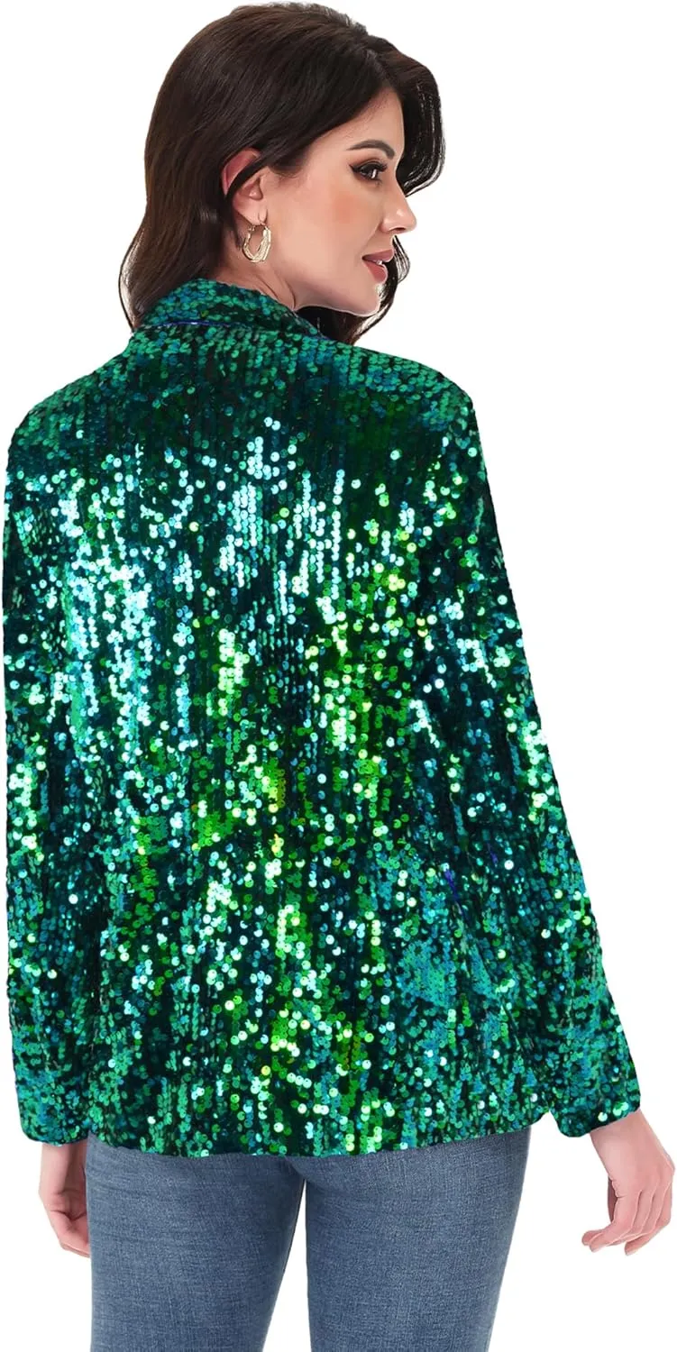 Anna-Kaci Women's Sparkle Sequin Jacket Long Sleeve Open Front Work Blazer Cardigan with Pockets