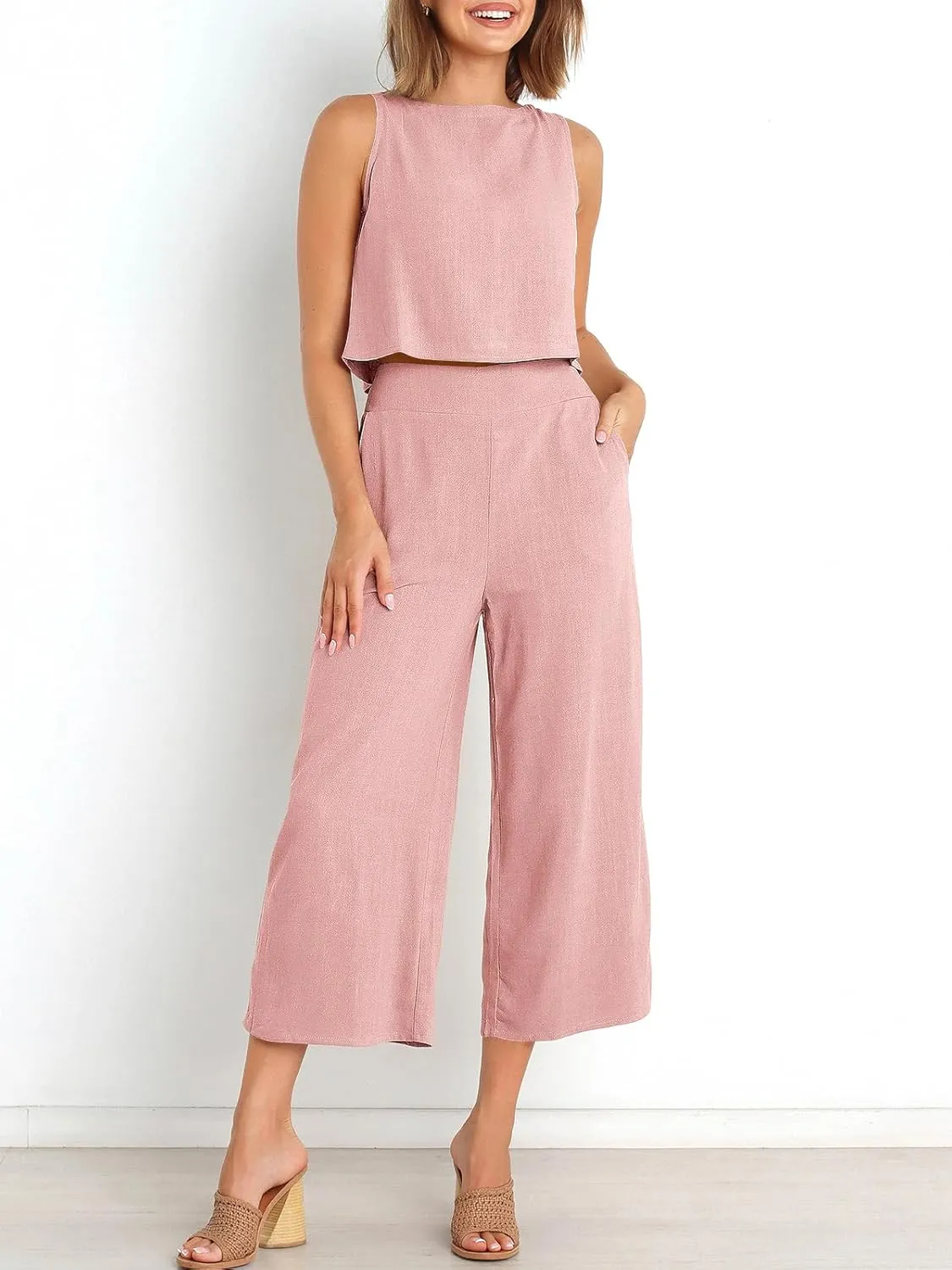 ANRABESS Women's Summer 2 Piece Outfits Sleeveless Crop Top Capri Wide Leg Pants Jumpsuit Linen Lounge Beach Travel Sets