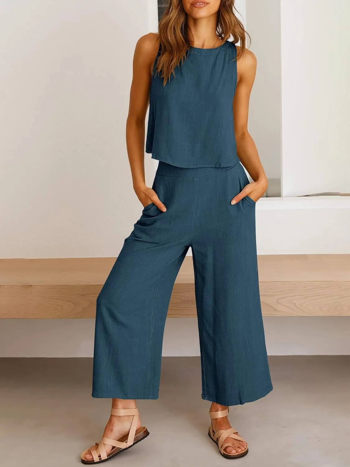 ANRABESS Women's Summer 2 Piece Outfits Sleeveless Crop Top Capri Wide Leg Pants Jumpsuit Linen Lounge Beach Travel Sets