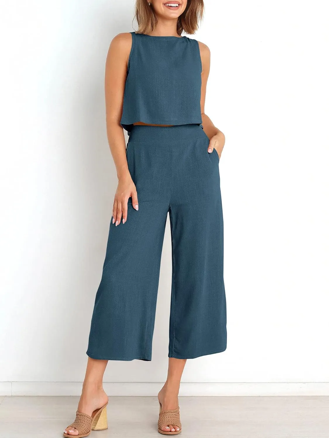ANRABESS Women's Summer 2 Piece Outfits Sleeveless Crop Top Capri Wide Leg Pants Jumpsuit Linen Lounge Beach Travel Sets