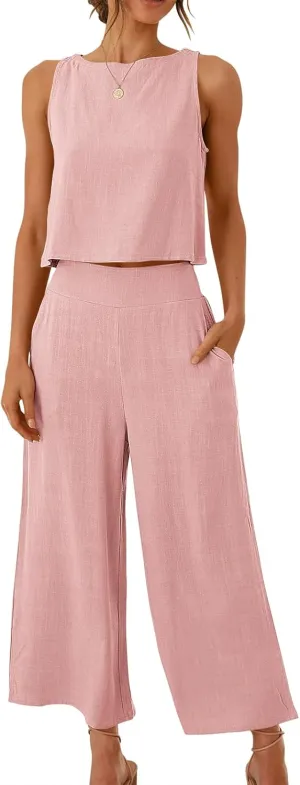 ANRABESS Women's Summer 2 Piece Outfits Sleeveless Crop Top Capri Wide Leg Pants Jumpsuit Linen Lounge Beach Travel Sets