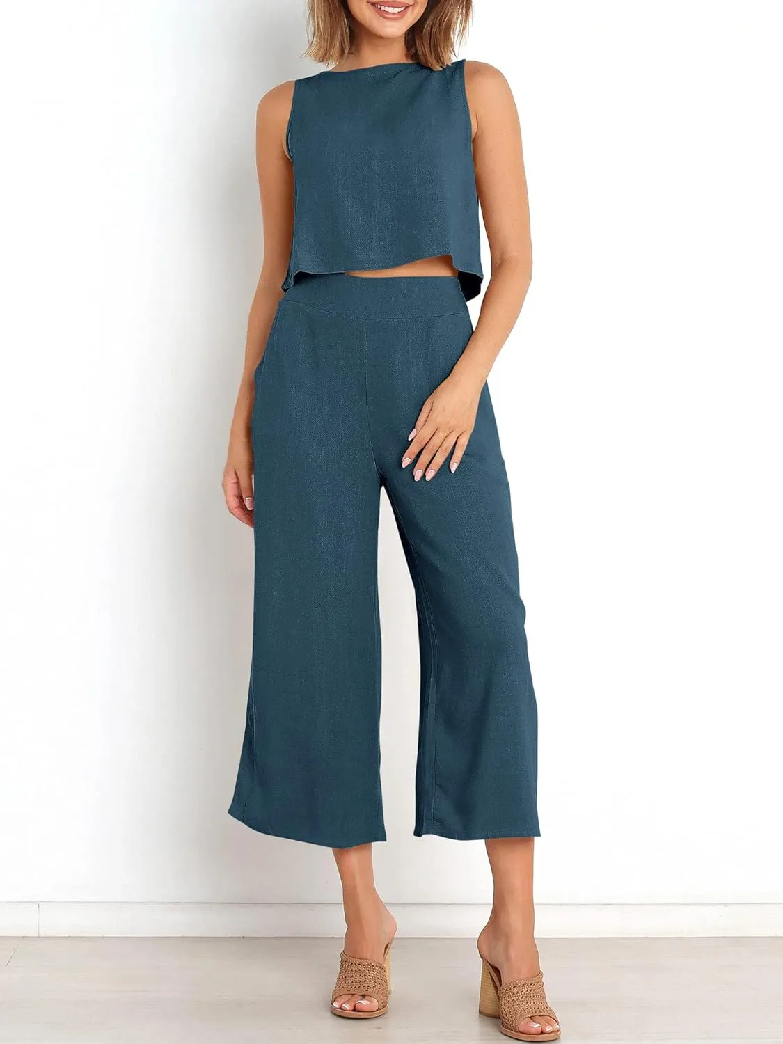ANRABESS Women's Summer 2 Piece Outfits Sleeveless Crop Top Capri Wide Leg Pants Jumpsuit Linen Lounge Beach Travel Sets