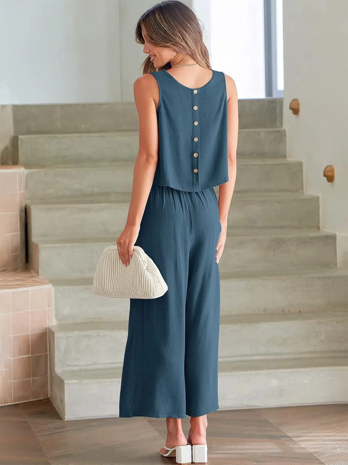 ANRABESS Women's Summer 2 Piece Outfits Sleeveless Crop Top Capri Wide Leg Pants Jumpsuit Linen Lounge Beach Travel Sets