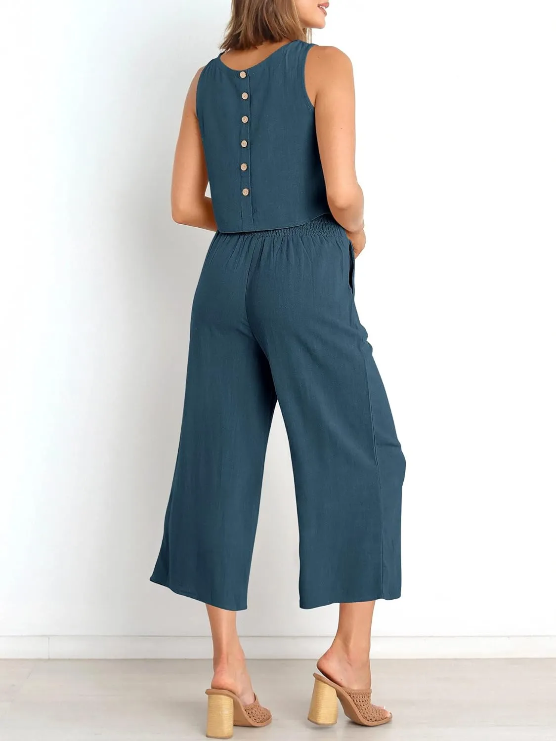 ANRABESS Women's Summer 2 Piece Outfits Sleeveless Crop Top Capri Wide Leg Pants Jumpsuit Linen Lounge Beach Travel Sets