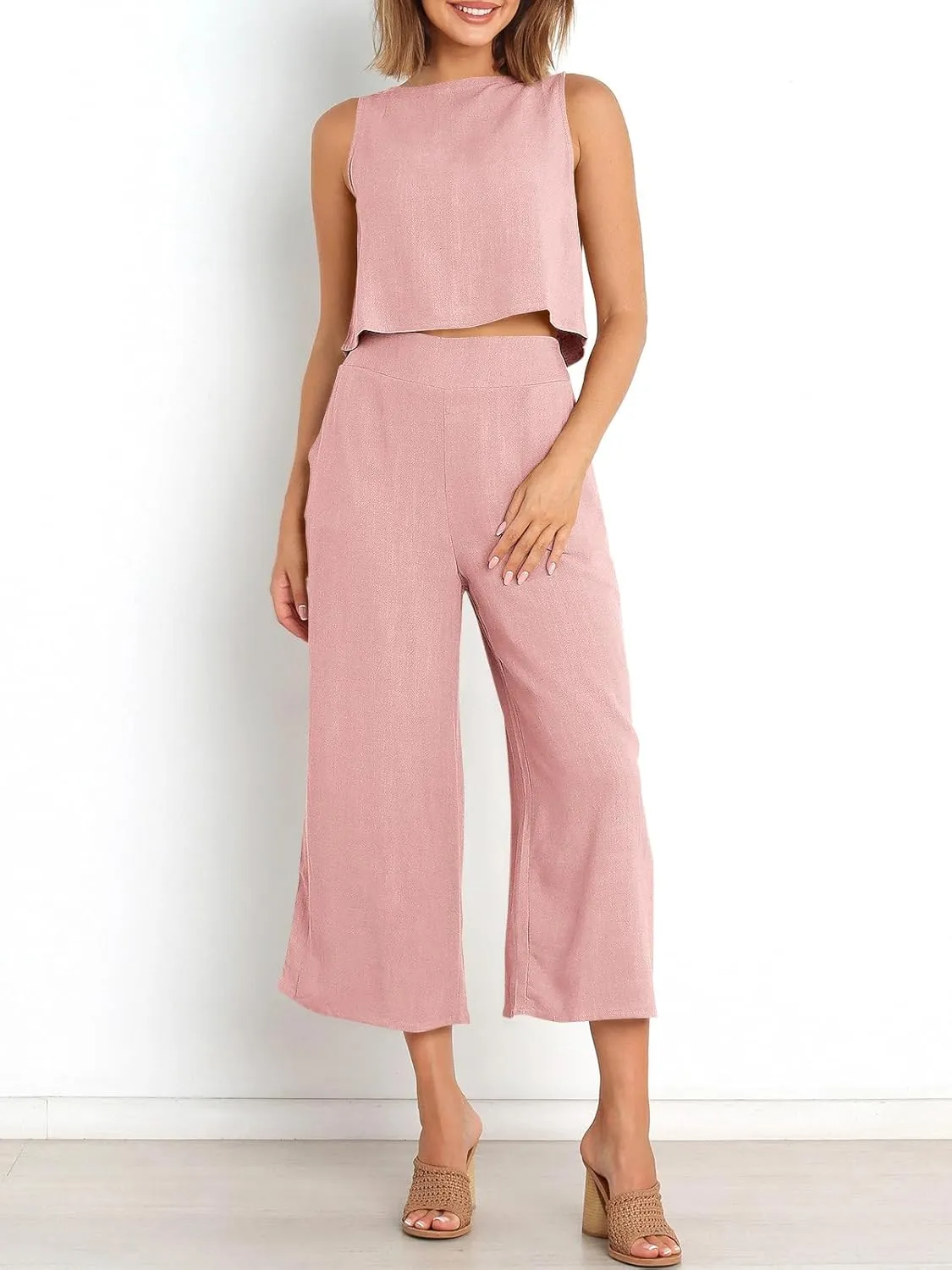 ANRABESS Women's Summer 2 Piece Outfits Sleeveless Crop Top Capri Wide Leg Pants Jumpsuit Linen Lounge Beach Travel Sets