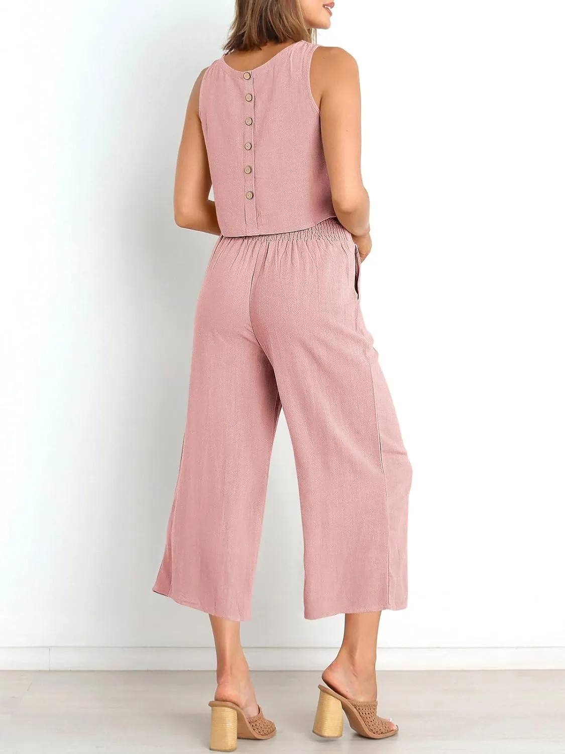 ANRABESS Women's Summer 2 Piece Outfits Sleeveless Crop Top Capri Wide Leg Pants Jumpsuit Linen Lounge Beach Travel Sets