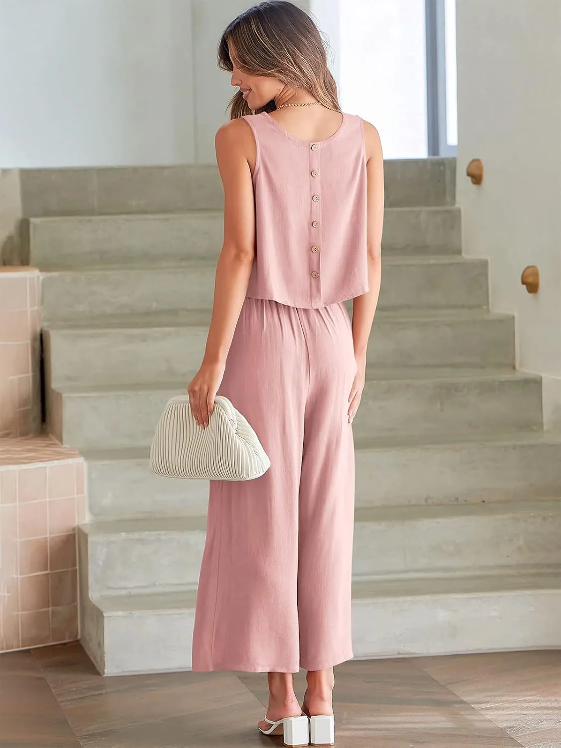 ANRABESS Women's Summer 2 Piece Outfits Sleeveless Crop Top Capri Wide Leg Pants Jumpsuit Linen Lounge Beach Travel Sets