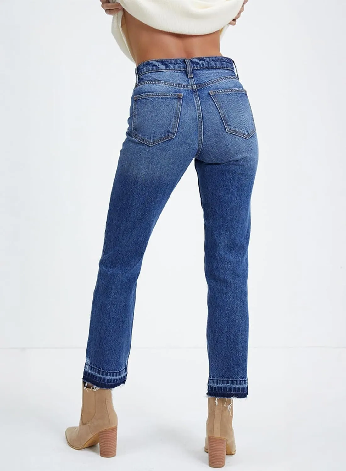 Astylish Womens High Waisted Straight Leg Ankle Jeans Casual Stretch Denim Pants