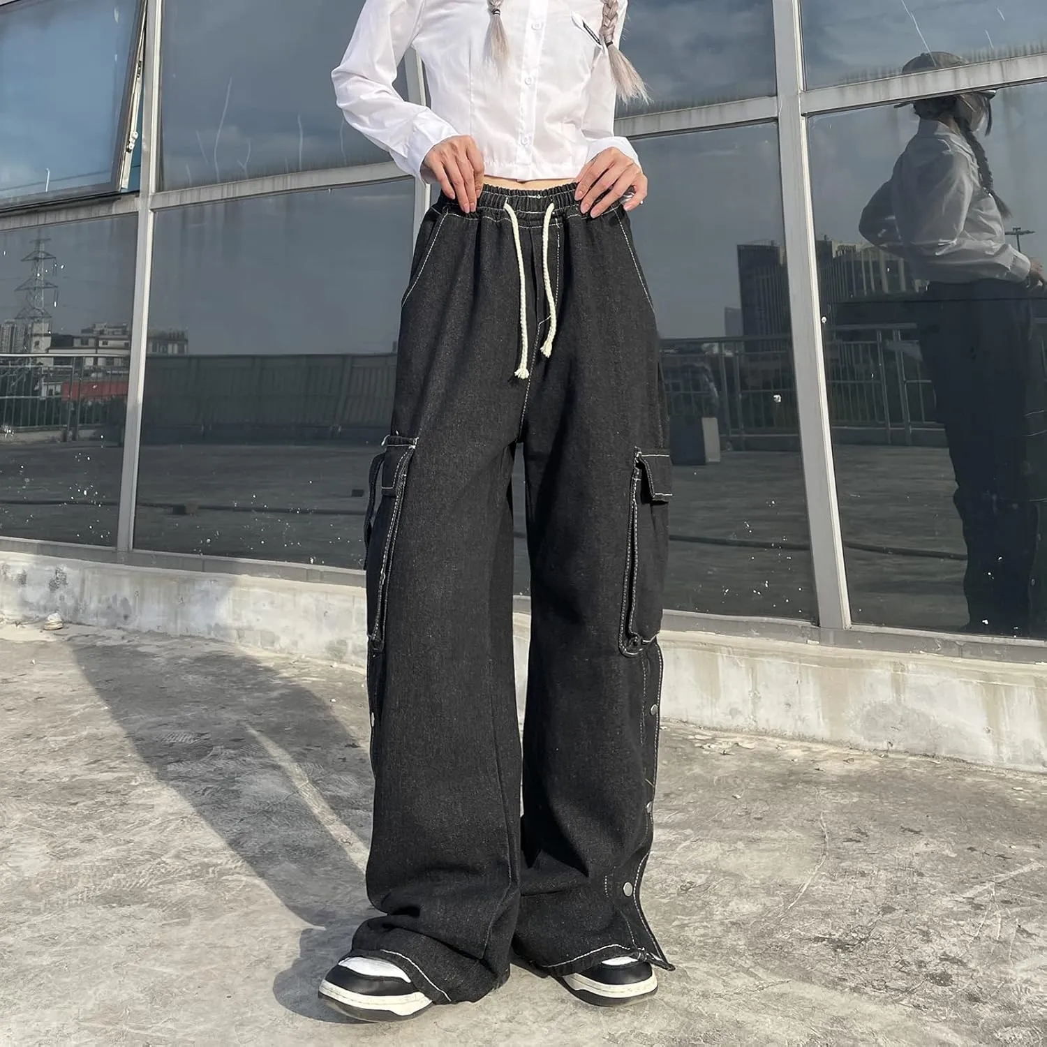 Baggy Jeans for Women High Waist Y2K Boyfriend Casual Loose Wide Leg Drawstring Cargo Pants with Pockets