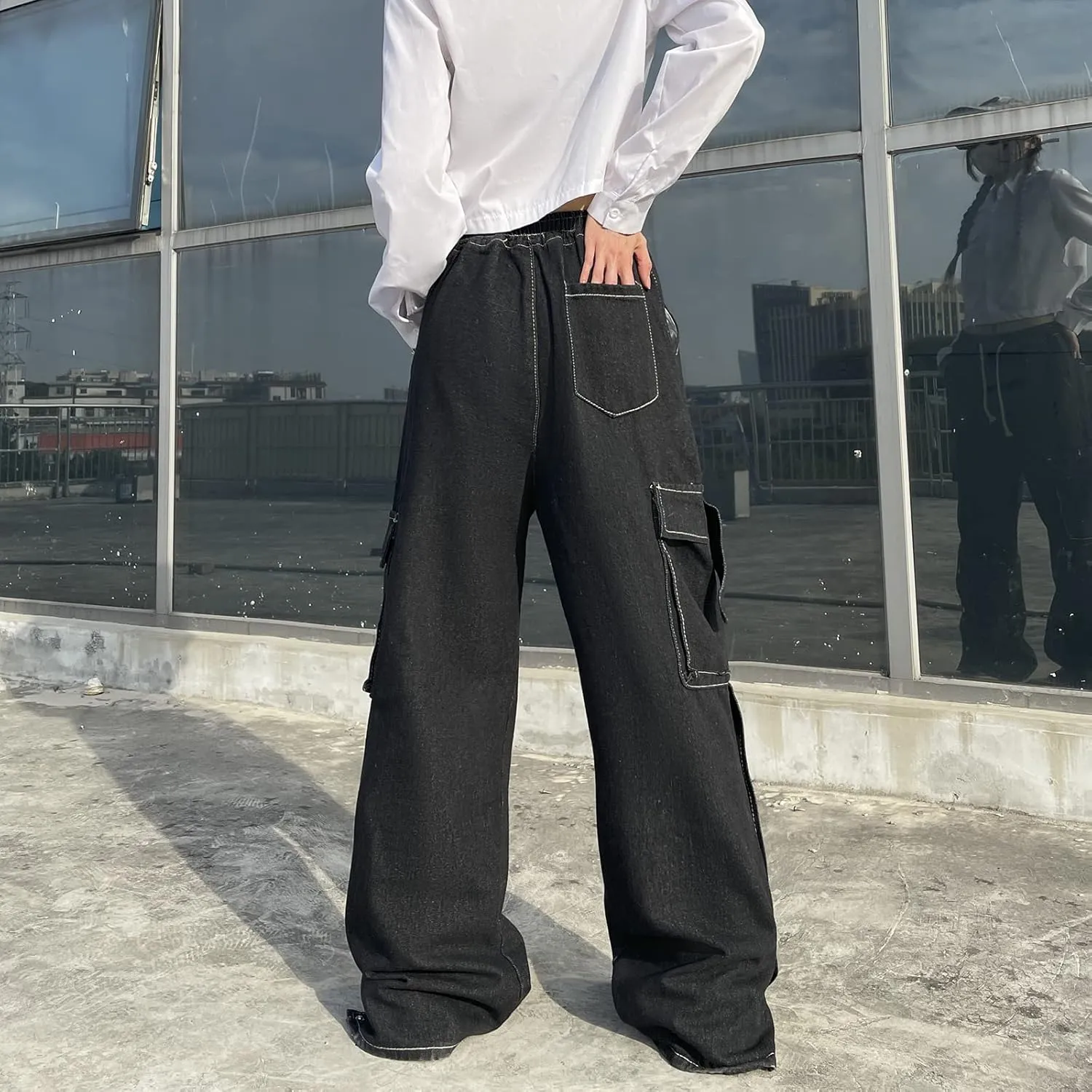 Baggy Jeans for Women High Waist Y2K Boyfriend Casual Loose Wide Leg Drawstring Cargo Pants with Pockets