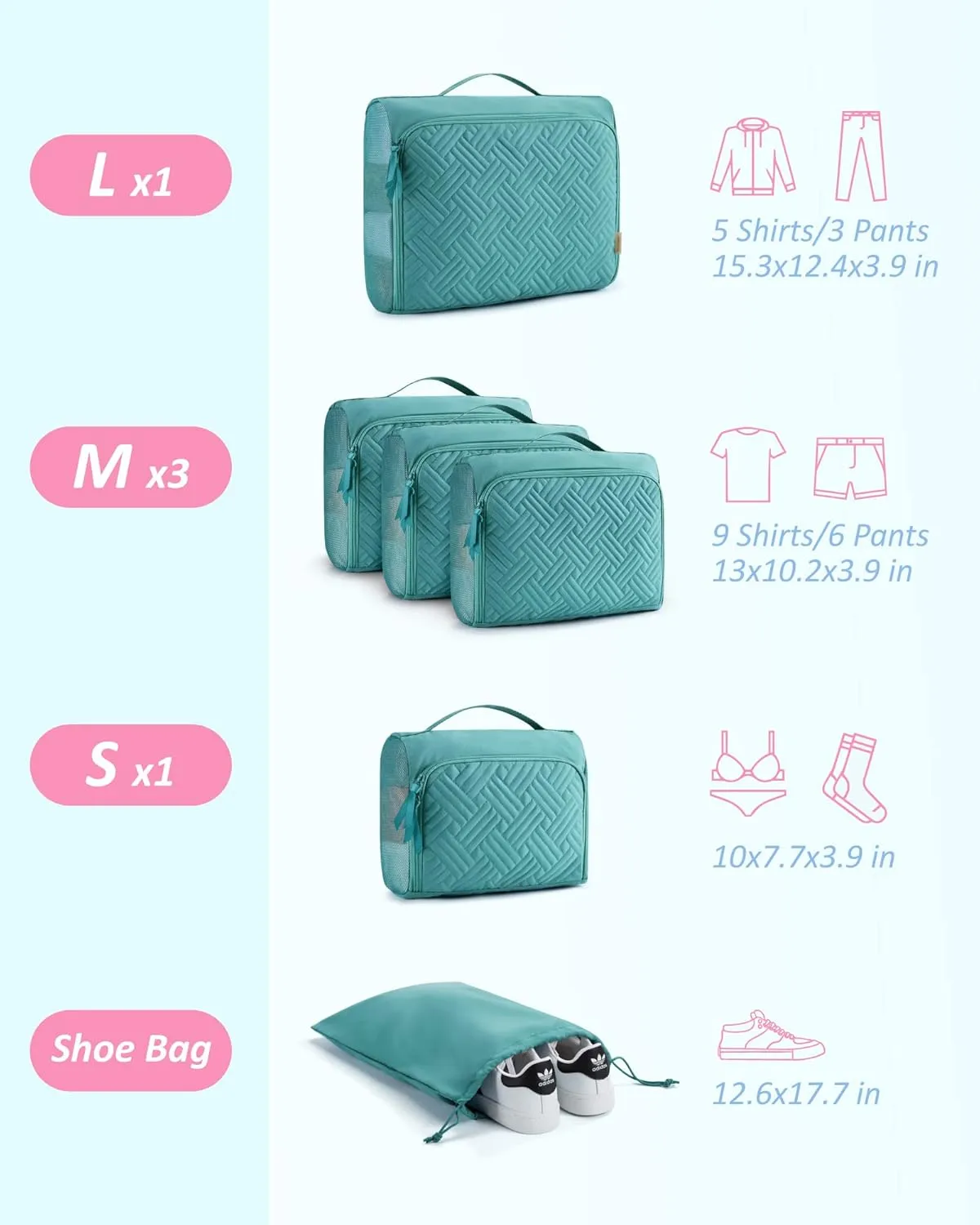 BAGSMART Quilted Packing Cubes for Travel, 6 Set Packing Cubes for Suitcases, Lightweight Travel Cubes (1 L 3 M 1 S 1 Shoe Bag) Suitcases Organizer