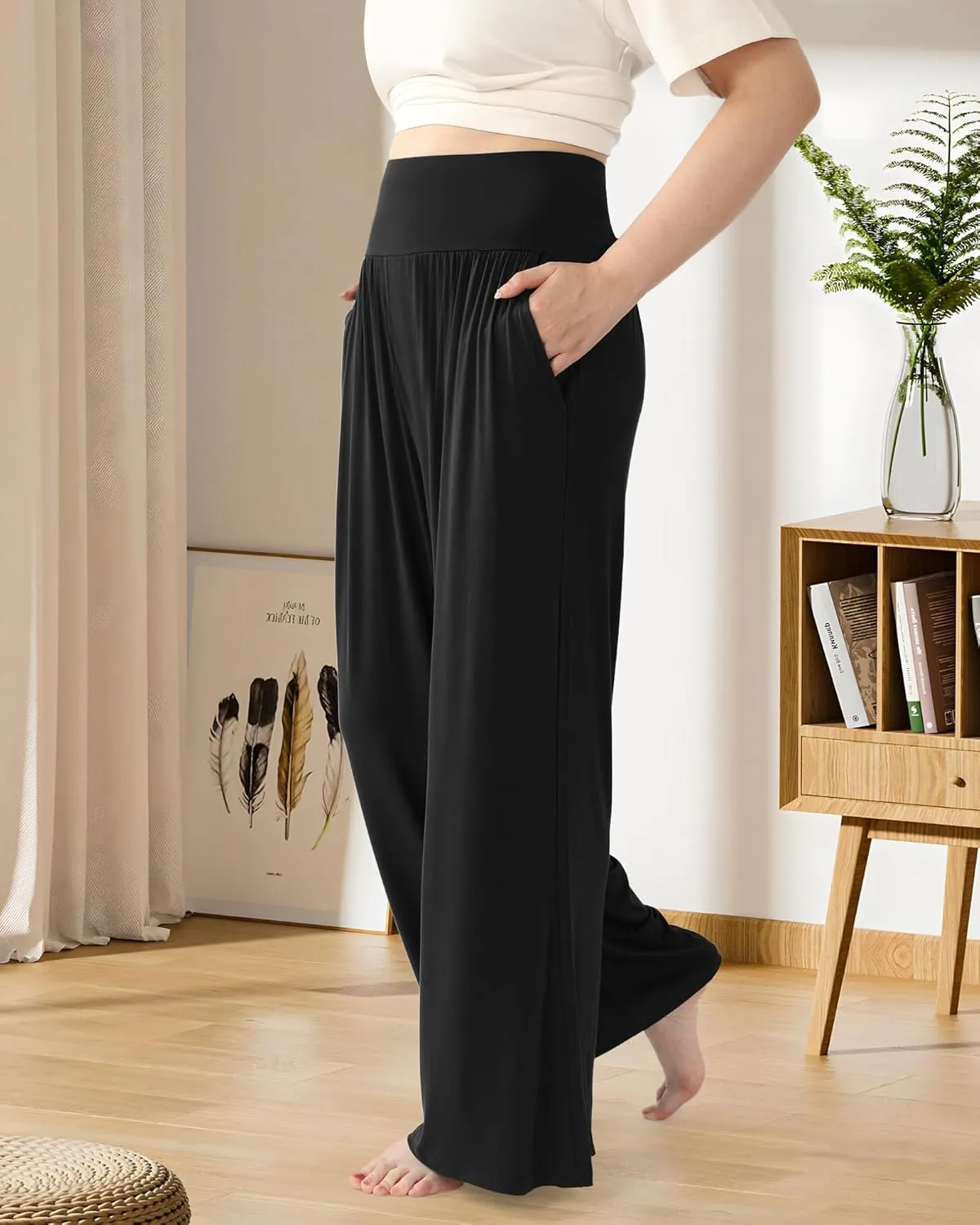 BAMBOO COOL Women Pajama Pants High Waisted Wide Leg with Pockets Lounge Sleep Bottoms Casual Lounge Yoga Pants