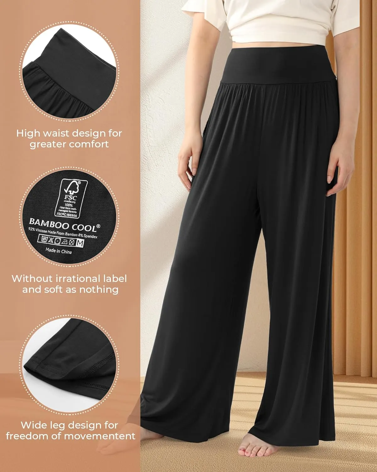BAMBOO COOL Women Pajama Pants High Waisted Wide Leg with Pockets Lounge Sleep Bottoms Casual Lounge Yoga Pants