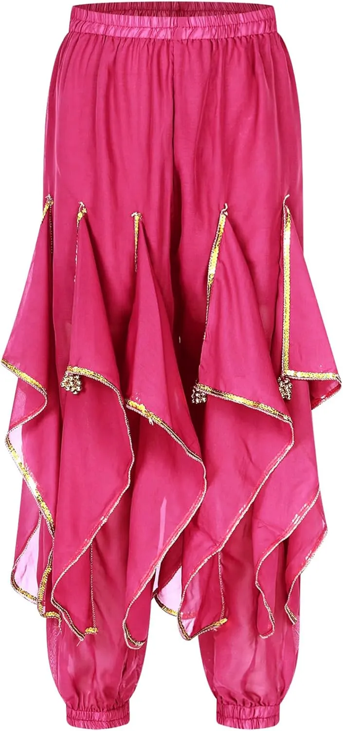 Belly Dance Performance Outfit for Women Long Sleeve Crop Top with Sequin Trim Ruffles Pants