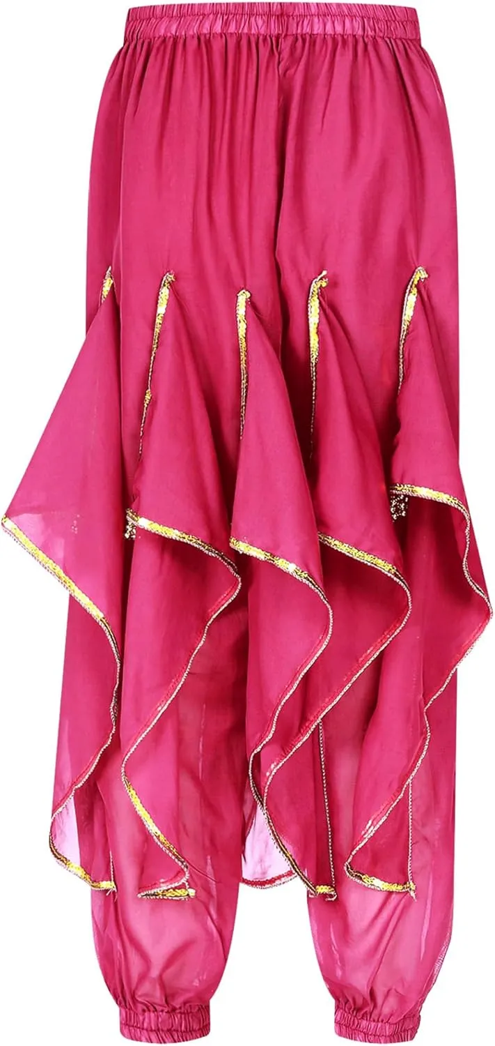 Belly Dance Performance Outfit for Women Long Sleeve Crop Top with Sequin Trim Ruffles Pants