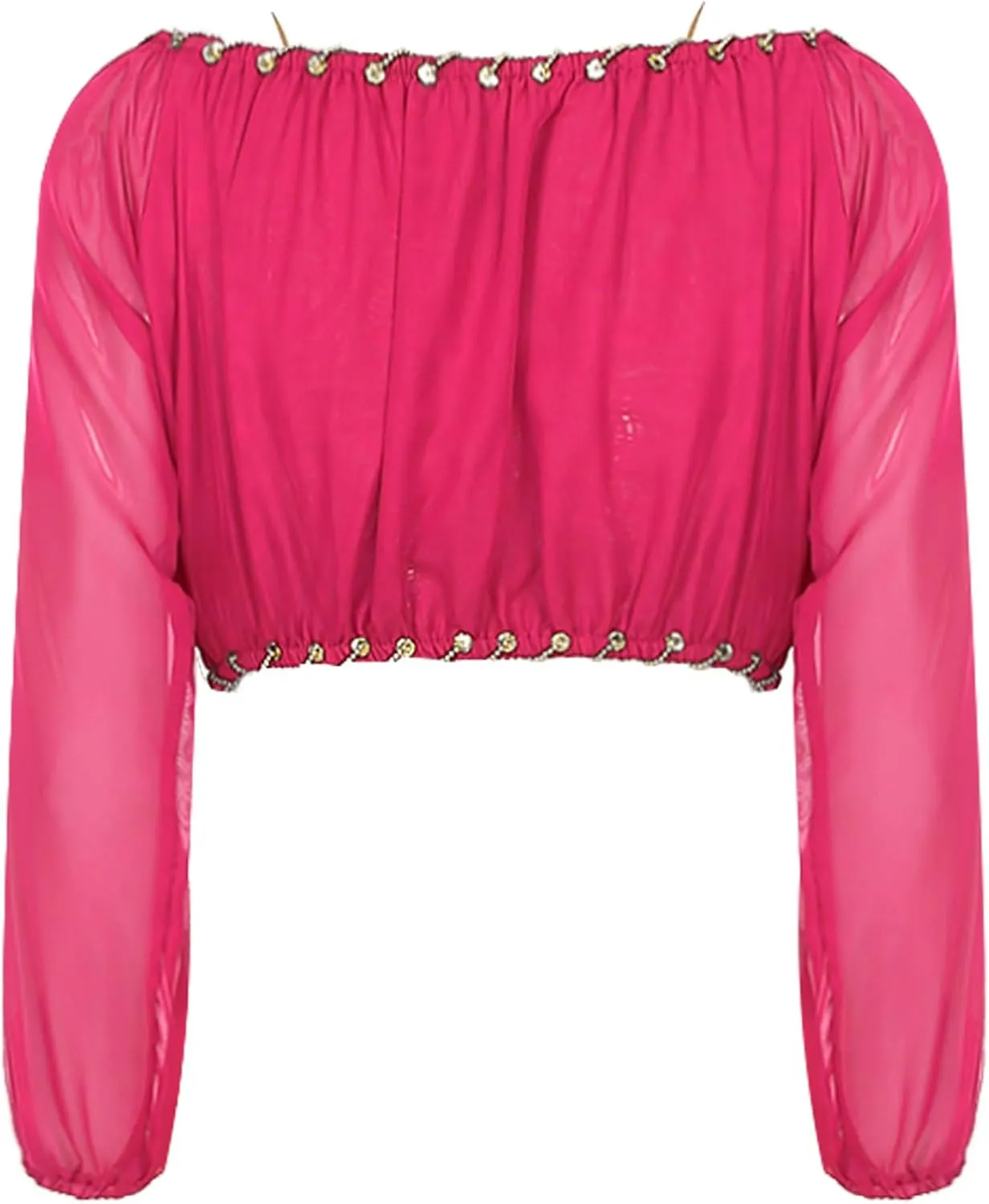Belly Dance Performance Outfit for Women Long Sleeve Crop Top with Sequin Trim Ruffles Pants